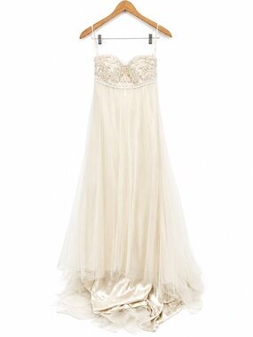 La Sposa Strapless Beaded Tulle Wedding Dress Ivory Bridal Gown Size US 10